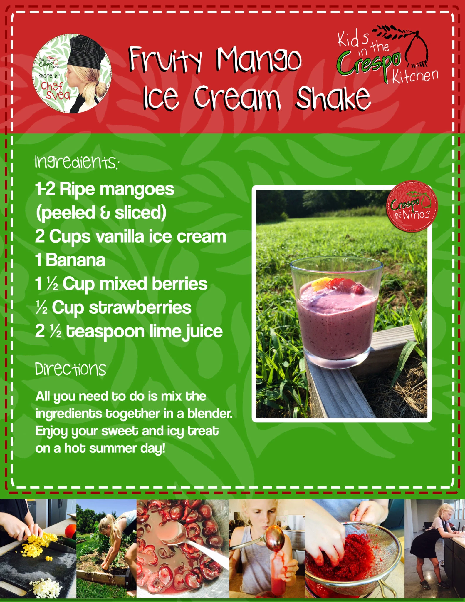 Original illustrated Mango Ice Cream Shake recipe card with ingredients and instructions