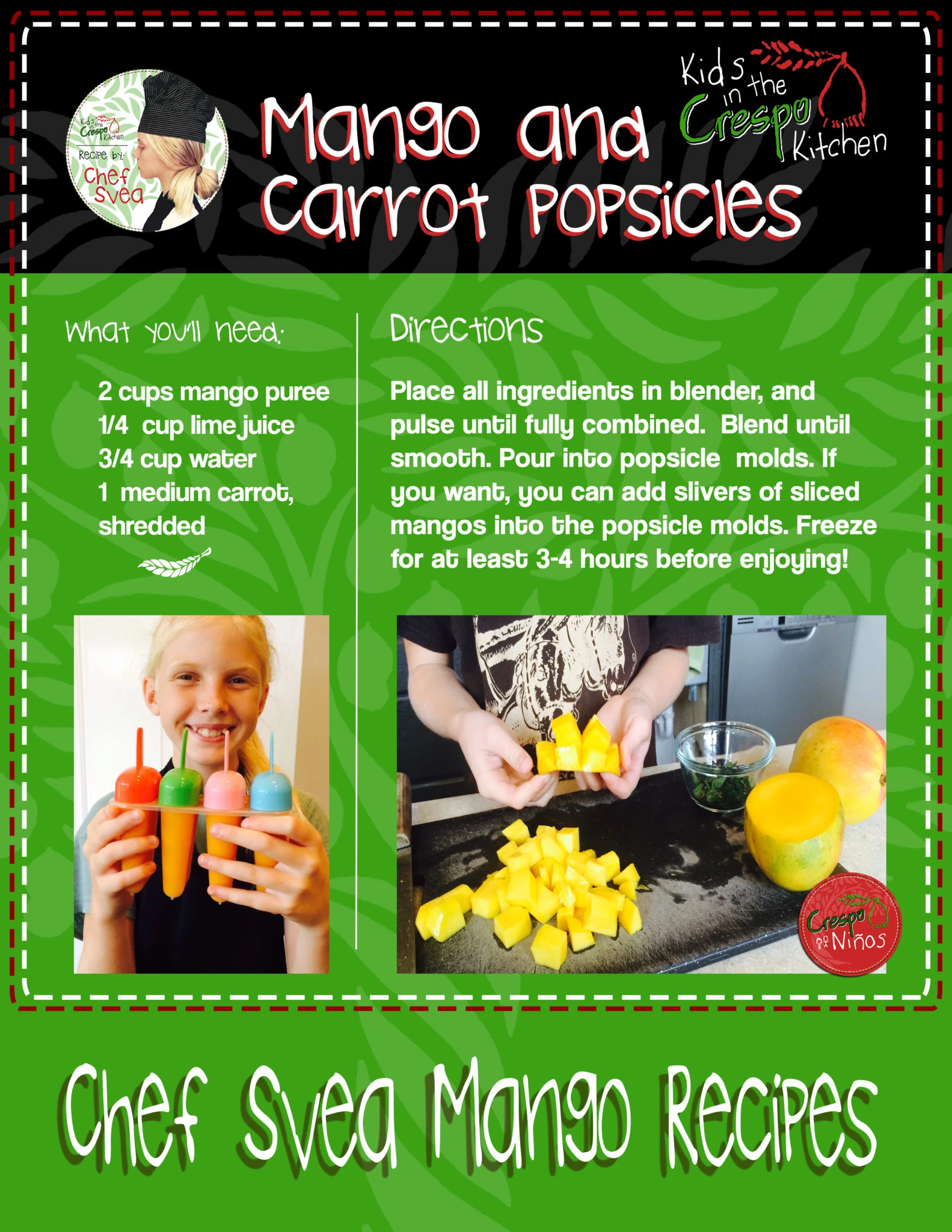 Original illustrated Carrot + Mango Popsicles recipe card with ingredients and instructions