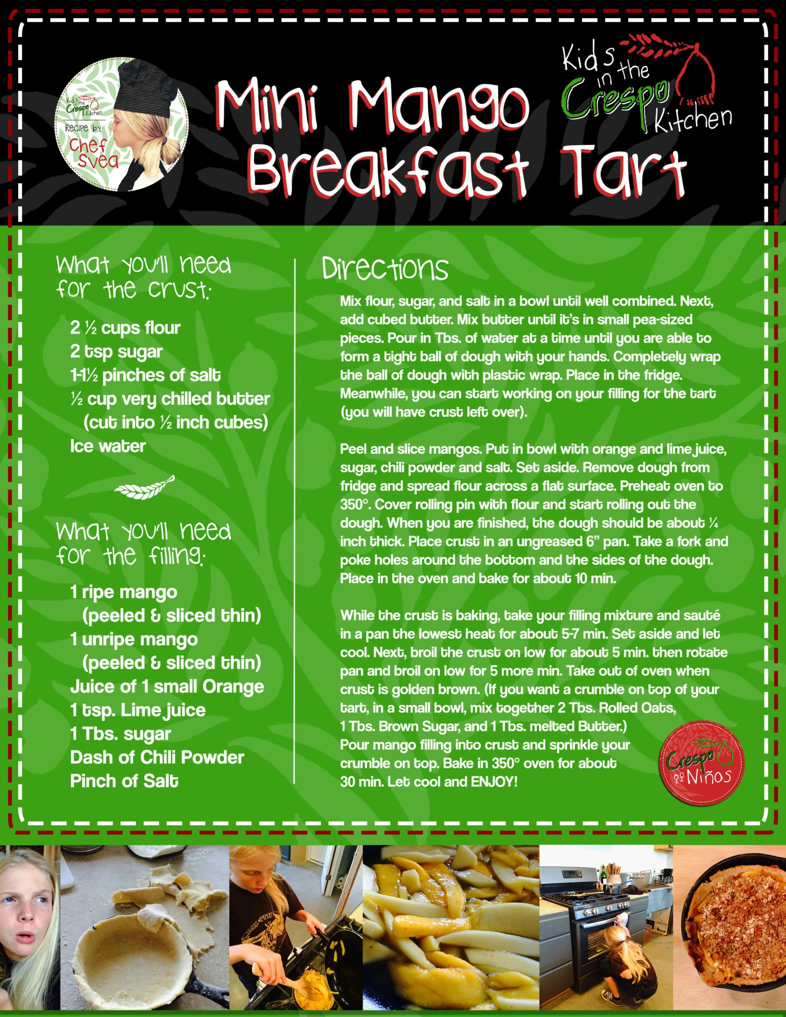 Original illustrated Mango Breakfast Tart recipe card with ingredients and instructions