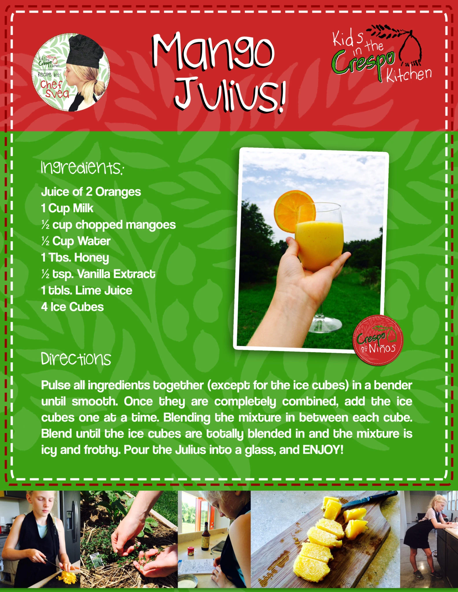 Original illustrated Mango Julius recipe card with ingredients and instructions