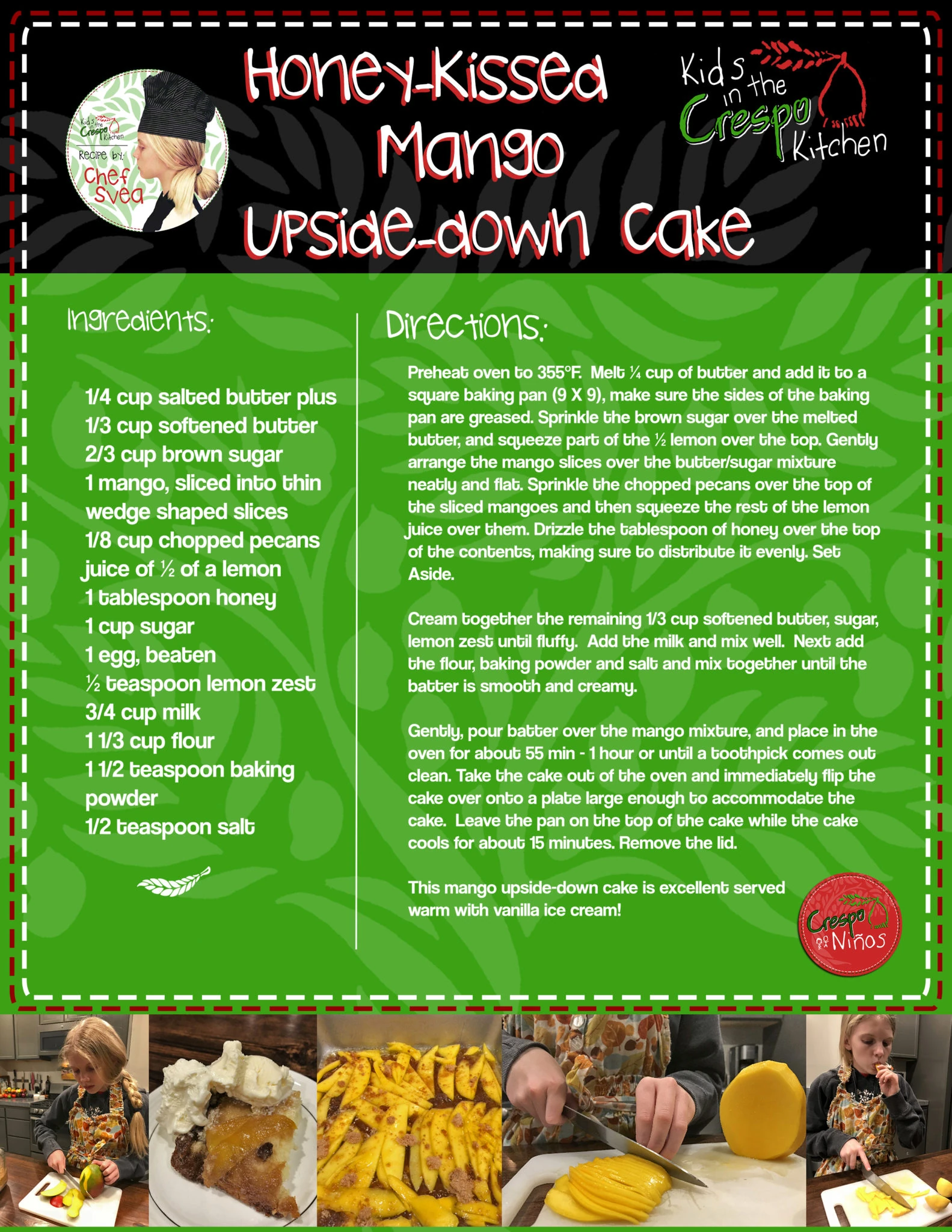 Original ilustrado Honey Kissed Mango Upside-Down Cake receta tarjeta con ingredientes e instrucciones