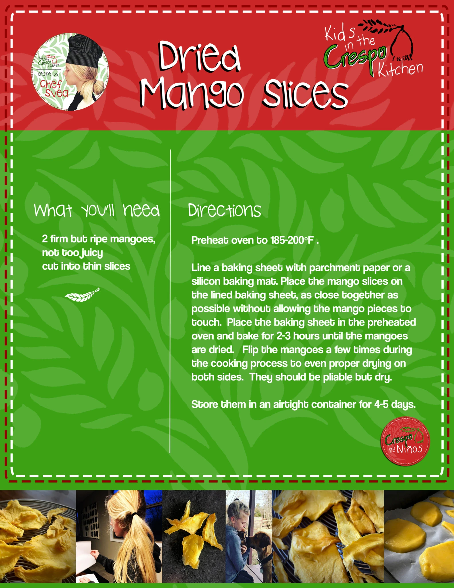 Original illustrated Dried Mango recipe card with ingredients and instructions