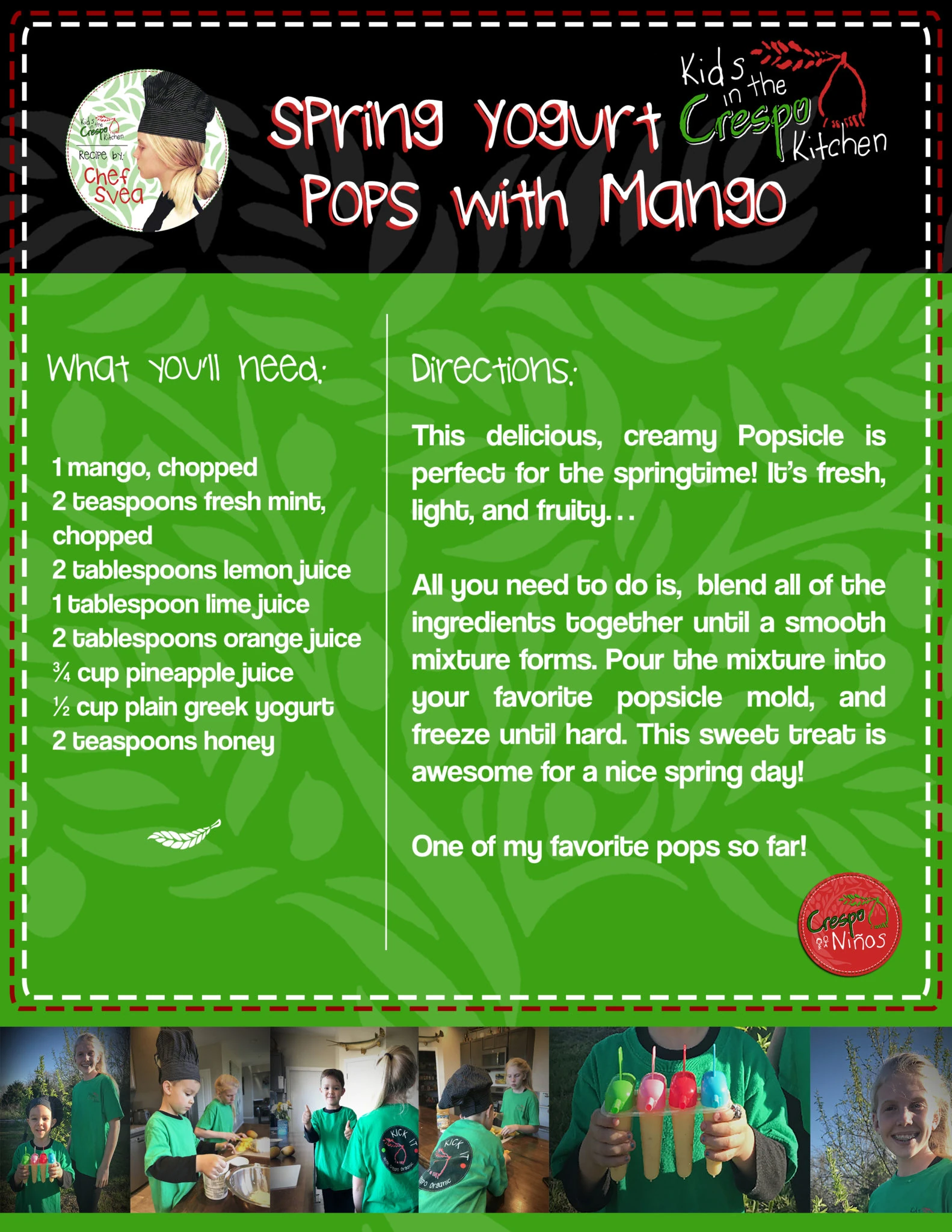 Original illustrated Spring Yoghurt Pops with Mango recipe card with ingredients and instructions